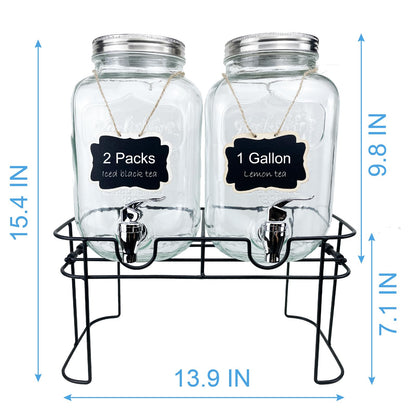 1 Gallon Glass Drink Dispenser for Parties, 2 Packs Juice Lemonade Ice Tea Water Dispenser with Stand, HENABLE Beverage Dispensers with Spigot for BBQ, Picnic, Party
