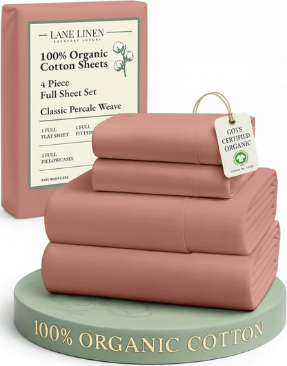 LANE LINEN 100% Organic Cotton Full Sheet Set - Ultra Soft Percale Bedding, Fits Mattresses Up to 15" Deep | Rose Dawn