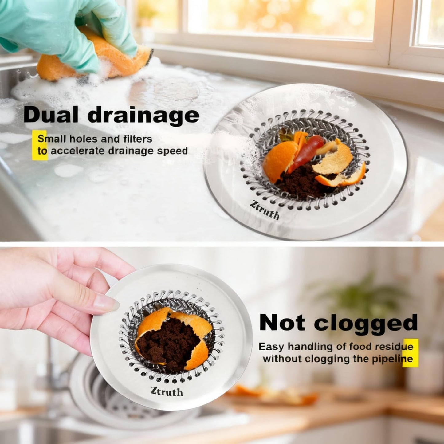 Ztruth Kitchen Sink Drain Strainer Patented Reversible Sink Strainer, Anti-Clogging Sink Strainer Basket, 304 Stainless Steel, Handmade Kitchen Gadgets, Dishwasher Safe