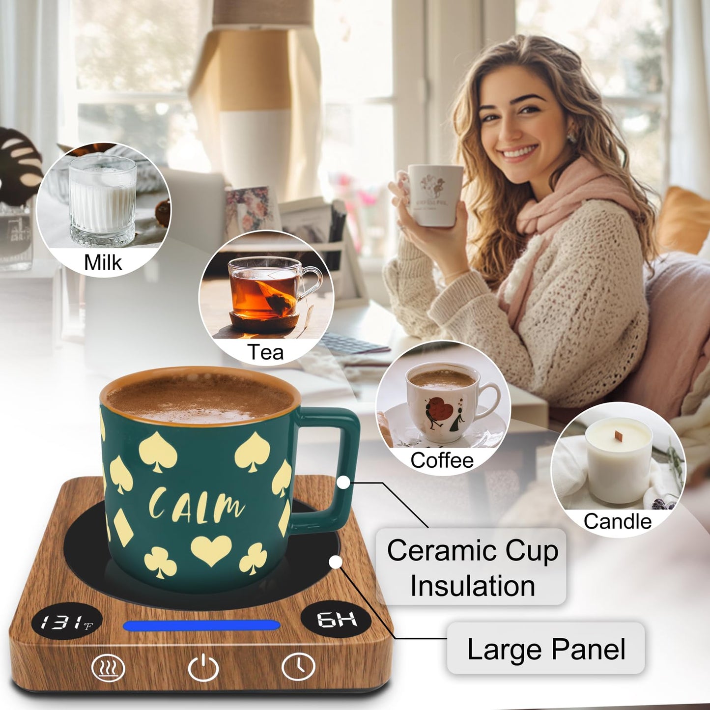 Coffee Cup Warmer, Fast Heating Coffee Mug Warmer for Desk, 2 Display Screens, Large Candle Warmer Plate with 2-10Hr Auto Shut Off, Heart-Warming Gift for Coffee Lover, Friend, Family