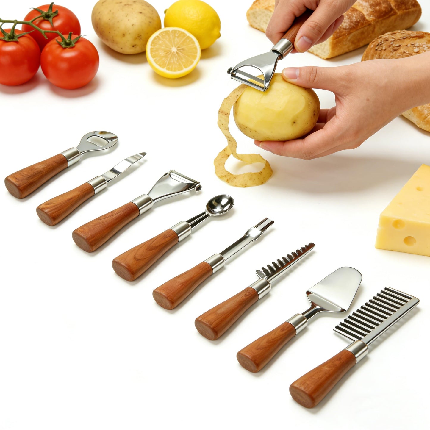 HIFIND 8PCS Stainless Steel Kitchen Gadget Set with Wood Grain Handles - Round Bottle Opener, Straight/Y Peelers, Fruit Scoop, Fruit Corer, Fruit Corer, Fruit Scaler, Cheese Spatula, Dough Cutter