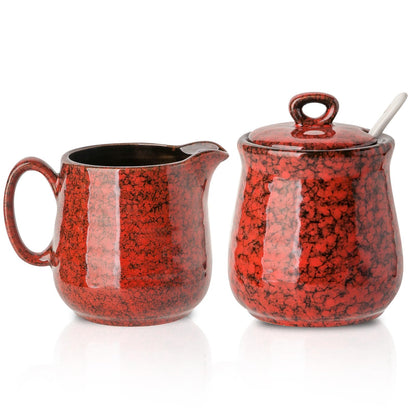 Hasense Ceramic Sugar and Creamer Set, 11 Ounce Sugar Bowl with Lid and Spoon, 10 Ounce Cream Pitcher, Red Coffee Serving Set for Gift, Dishwasher & Microwave Safe