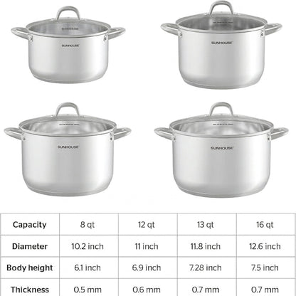 SUNHOUSE Stainless Steel Stock Pot - 16 Quart Heavy-Duty Induction Cooking Pot with Visible Lid for Pasta, Soup, Spaghetti - Nonstick Thick-Bottom Deep Stockpot for Canning, Boiling, and Simmering
