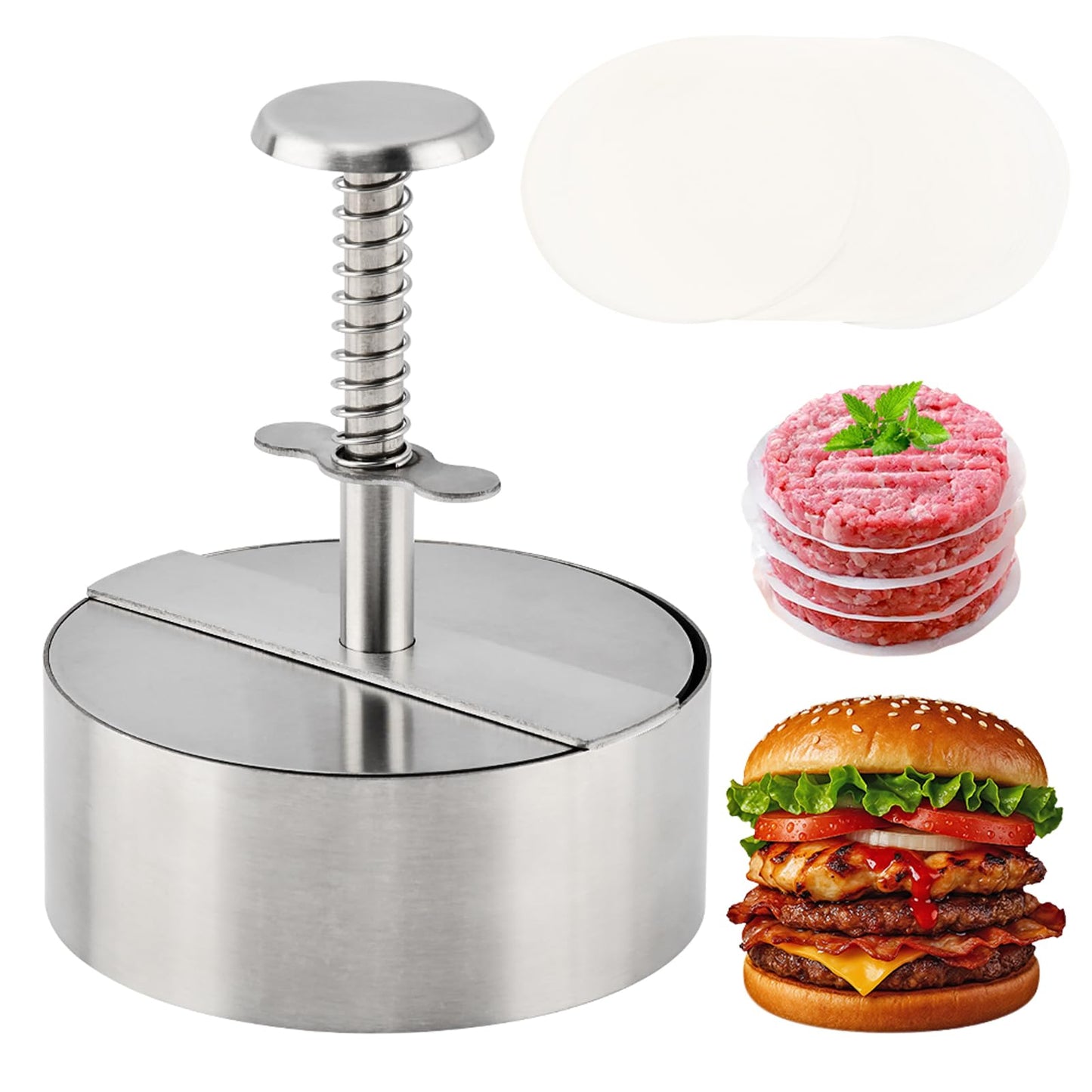 Waylenbo Burger Press 4.5 Inch, 304 Stainless Steel Hamburger Patty Maker with Spring Button & 50 Parchment Papers, Easy Release Non-Stick Mold for Ground Beef, BBQ, Dishwasher Safe
