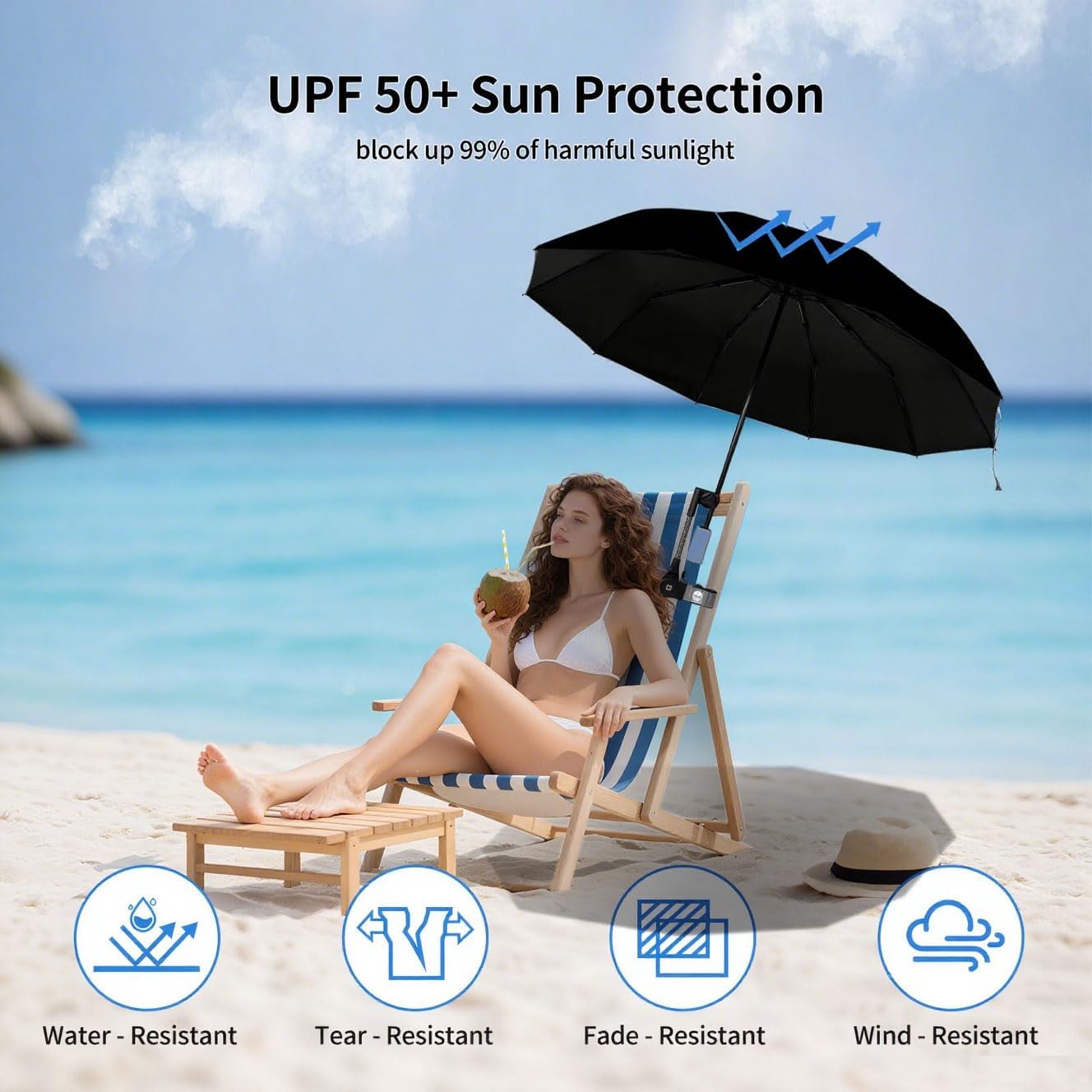 45in 50+ Beach Chair Umbrella with Adjustable Clamp, UPF Portable Folding Sun Shade for Outdoor Camping