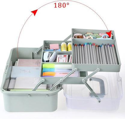 BTSKY 3-Layer Craft Organizer - Adjustable Spacers & Portable Handle - Haze Green Storage Box