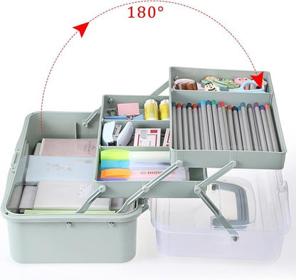 BTSKY Craft Organizer - 3-Layer Plastic Storage Box with Adjustable Spacers | Portable Haze Green Art Supply Box