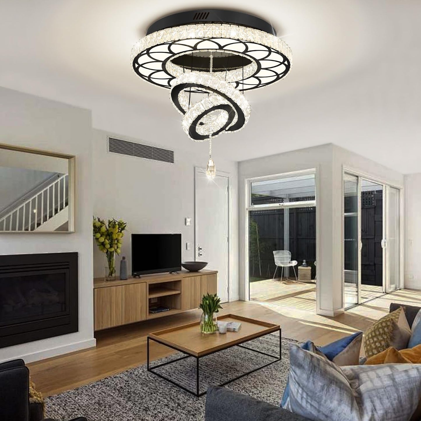 Flashing God Dia 24" Modern Crystal Chandelier for Dining Room Black Ceiling Chandelier Flush Mount Ceiling Light for Living Room Bedroom Hallway