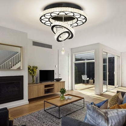 Flashing God Dia 24" Modern Crystal Chandelier for Dining Room Black Ceiling Chandelier Flush Mount Ceiling Light for Living Room Bedroom Hallway