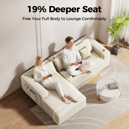 CAMMOO 108” Cloud Sectional Couch in One Box, Compressed Modular Sectional Sofa with Deep Seat, Corduroy Boneless Couches, L-Shaped Sofa for Living Room, 4 Storage Pockets(Left Facing Chaise, Beige)