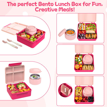 Aimsnk Kids Bento Lunch Box with 8oz Soup Thermo, Kids Leakproof Lunch Food Containers with 4 Compartment,Insulated Hot Food Jar with Lunch Bag for School, Travel (Pink)