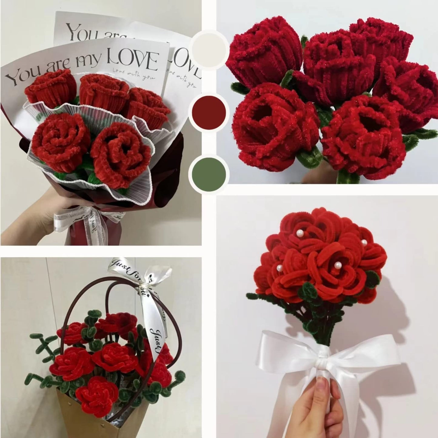 NafuXiaJJia Rose Pipe Cleaner Kit with 150 Pcs Pipe Cleaners Colourful in 2 Colours（Burgundy,Green,8 Pcs Green Floral Wire,Floral Tape,Flower Wrapping Paper and Ribbon