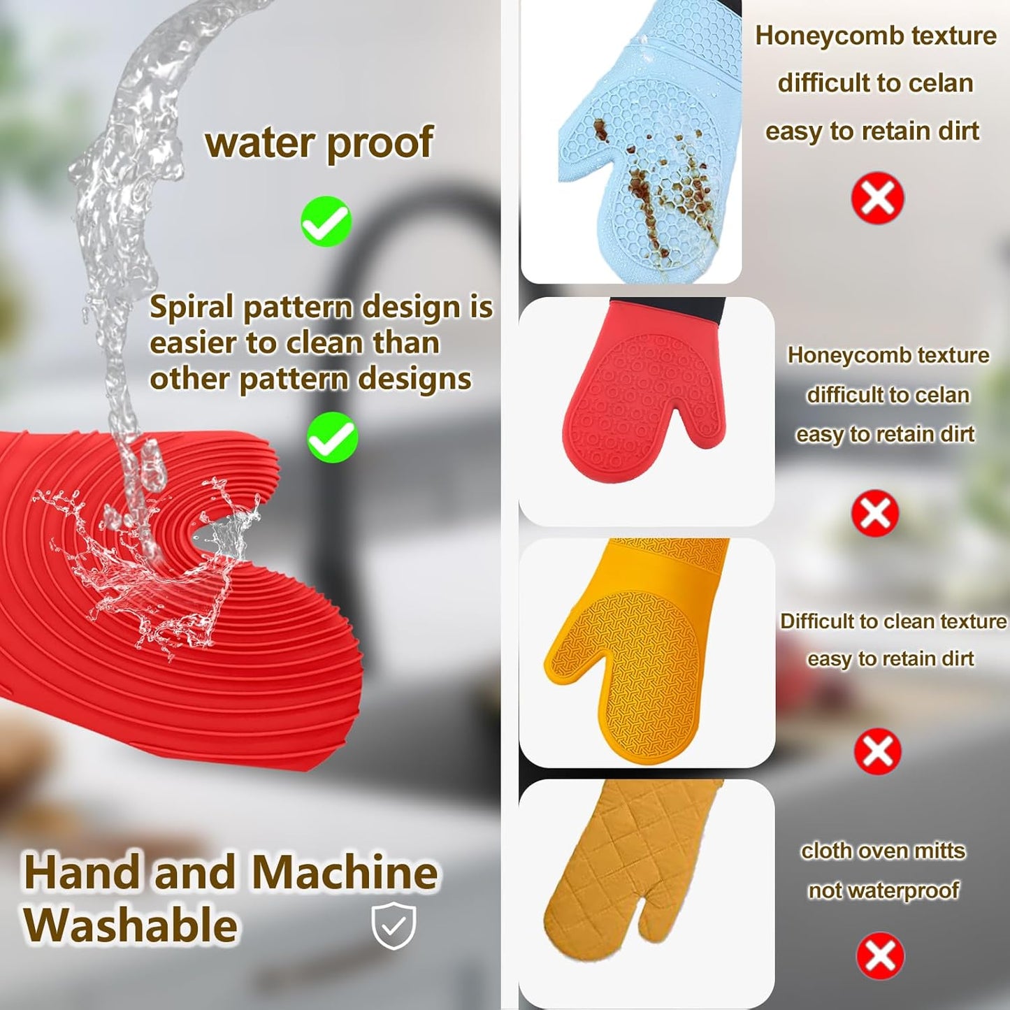 Silicone Oven Mitts - Red Heat Resistant 500F 13.6 in Waterproof Grippy Design for Cooking and Baking