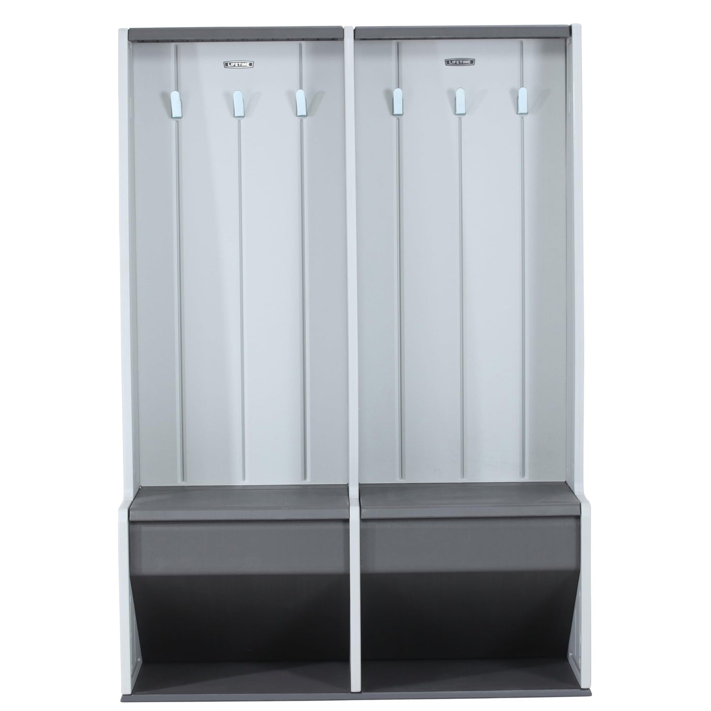 LIFETIME Storage Locker, Freestanding Cabinet with Benches & Shoe Cubbies, Organizer with Metal Hooks, UV‑Protected Weather‑Resistant