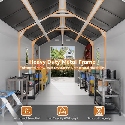 CDCASA Resin Storage Shed 8x14 FT, Waterproof Outdoor Sheds Heavy Duty Aluminum Frame Outside Plastic Tool Shed with Adjustable Openable Windows, Lockable Door for Backyard, Garden, Lawn, Dove Grey