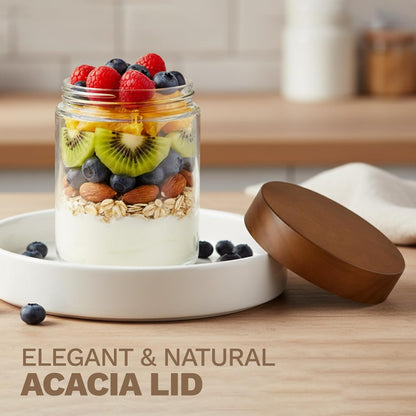 16oz+8oz 8-Pack Bumobum Overnight Oats Containers with Lids, Glass Mason Jars with Acacia Wood Airtight Lid, Wide Mouth