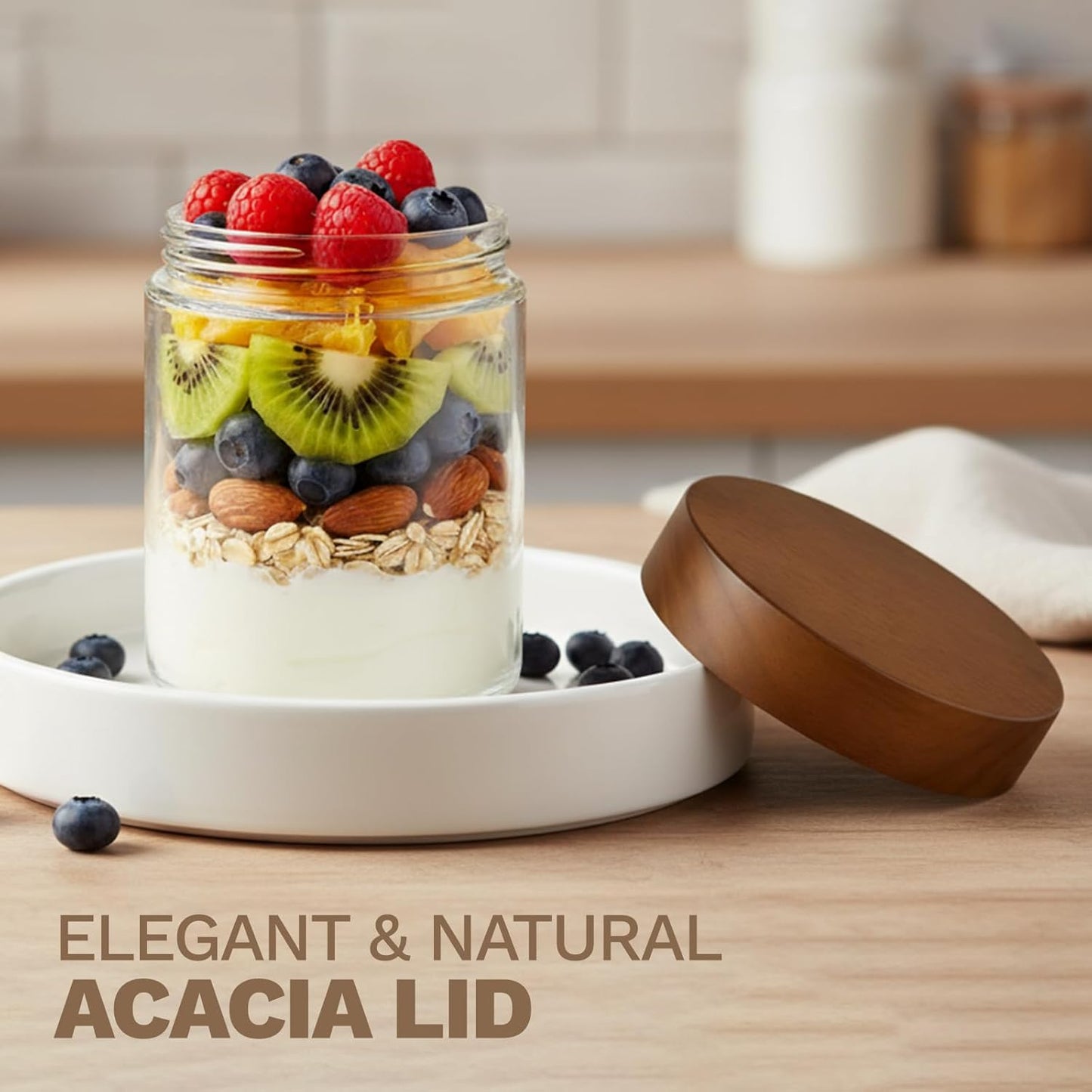 16 oz 2-Pack Bumobum Overnight Oats Containers with Lids, Glass Mason Jars with Acacia Wood Airtight Lid, Wide Mouth