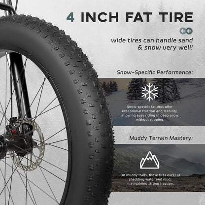 Outroad Mountain Bike Fat Tire with 4-Inch Tire 26 inch Wheels, 21 Speed with High Carbon Steel Frame, Double Disc Brake and Front Suspension Anti-Slip Bikes for Men and Women, Black