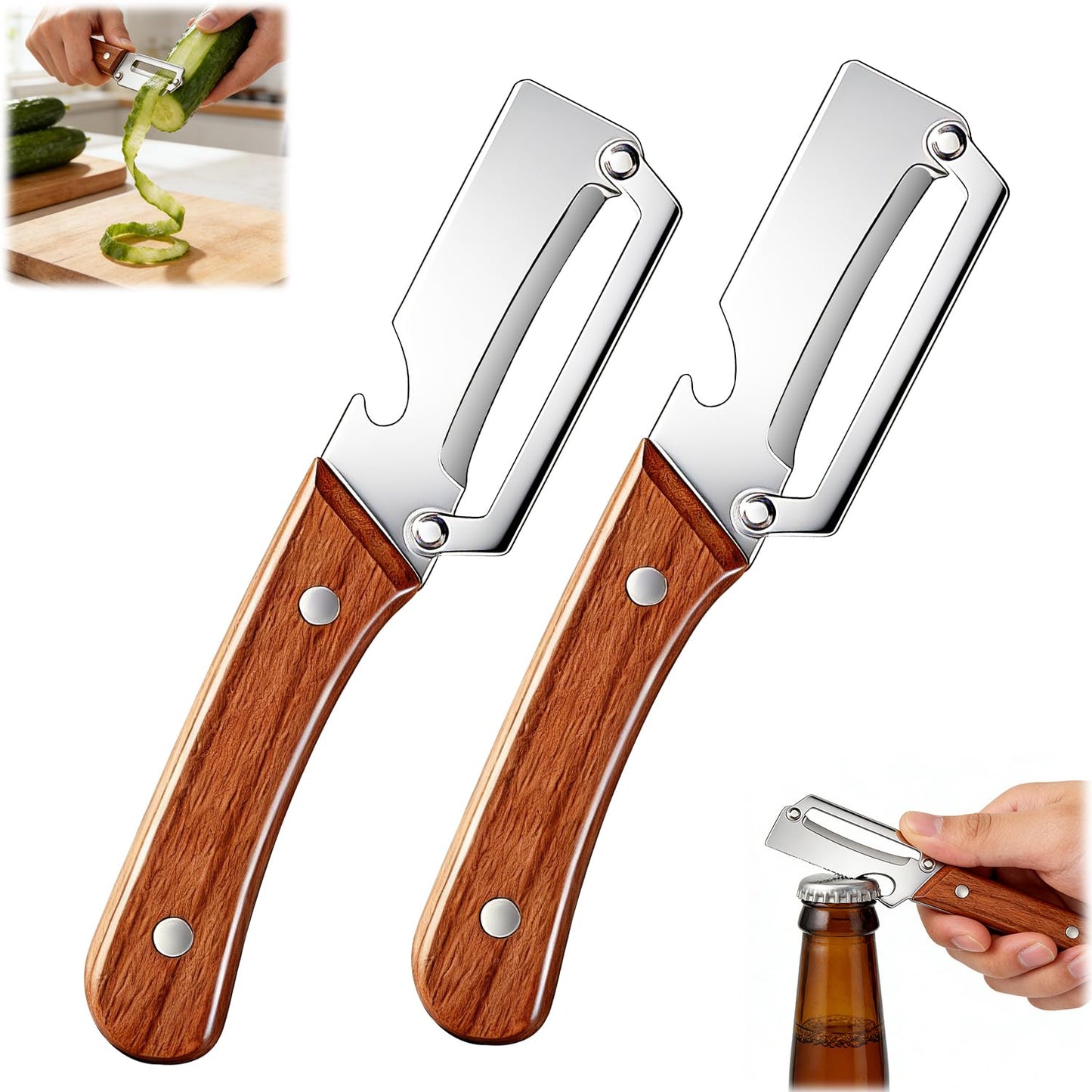 Premium Vegetable Peeler with Wooden Handle and Bottle Opener,2-in-1 Stainless Steel Kitchen Tool for Fruit Potato Zucchini Pumpkin Papaya(2 PSC)