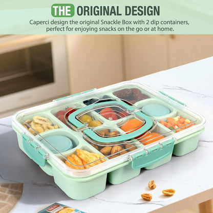 Caperci Original Snackle Box Container - 10-Compartment Divided Snack Serving Tray with Lid & Handle, Built-in 2 Dressing Containers, Leak-Proof, Dishwasher Safe, BPA-Freen (Mint Green)