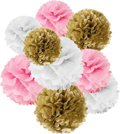 Wrapables Set of 18 Tissue Pom Pom Party Decorations for Weddings, Baby Showers, Nursery Decor - Pink/Gold/White