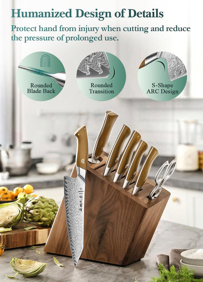 HEZHEN 8-Piece Knife Block Set, 67 Layers Damascus Steel Knife Set with Block, Kitchen Scissor-Sharpner Rod, Professional Knife Sets for Chefs, Linen Micarta Handle, Gift Packing