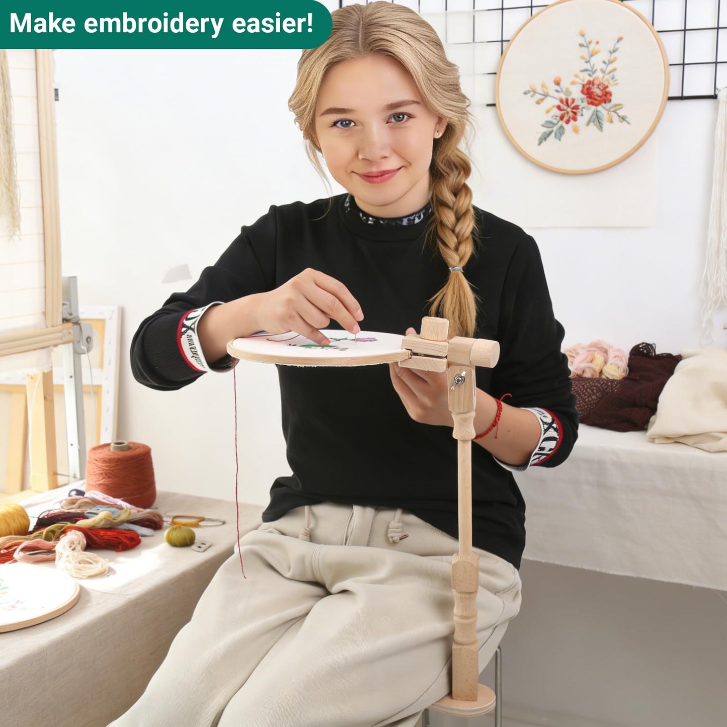 Airo Beech Wood Embroidery Hoop Stand, with 2 Pcs 6'' 8'' Embroidery Hoops, Rotatable, Tool-Free Installation, for Cross Stitch , Embroidery, Sewing Needlework