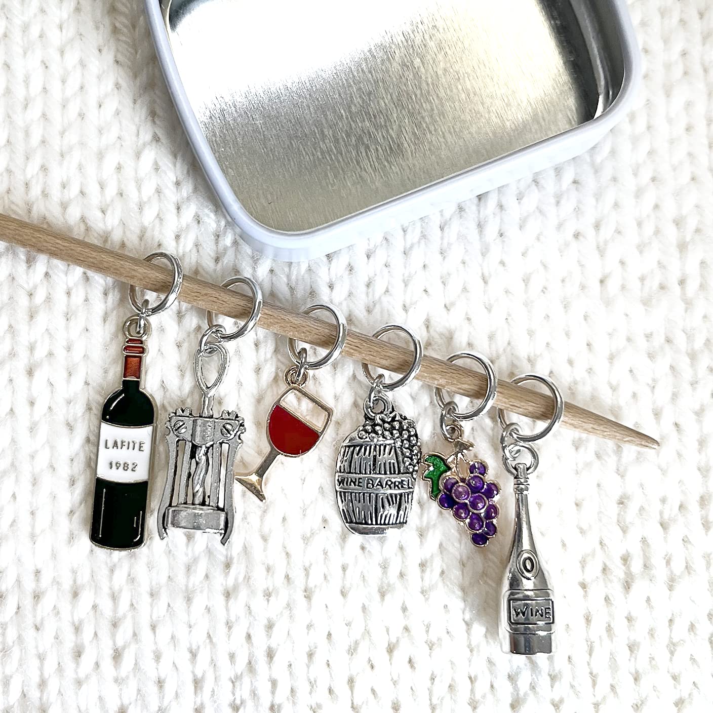 Pretty Warm Designs Wine Lover Stitch Markers with Metal Case, Set of 6 Knitting Notions and Enamel Metal Yarn Markers for Fiber Arts