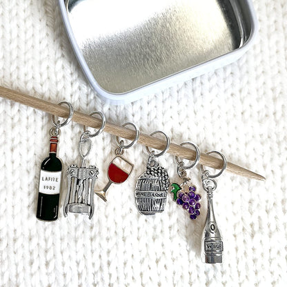Pretty Warm Designs Wine Lover Stitch Markers with Metal Case, Set of 6 Knitting Notions and Enamel Metal Yarn Markers for Fiber Arts