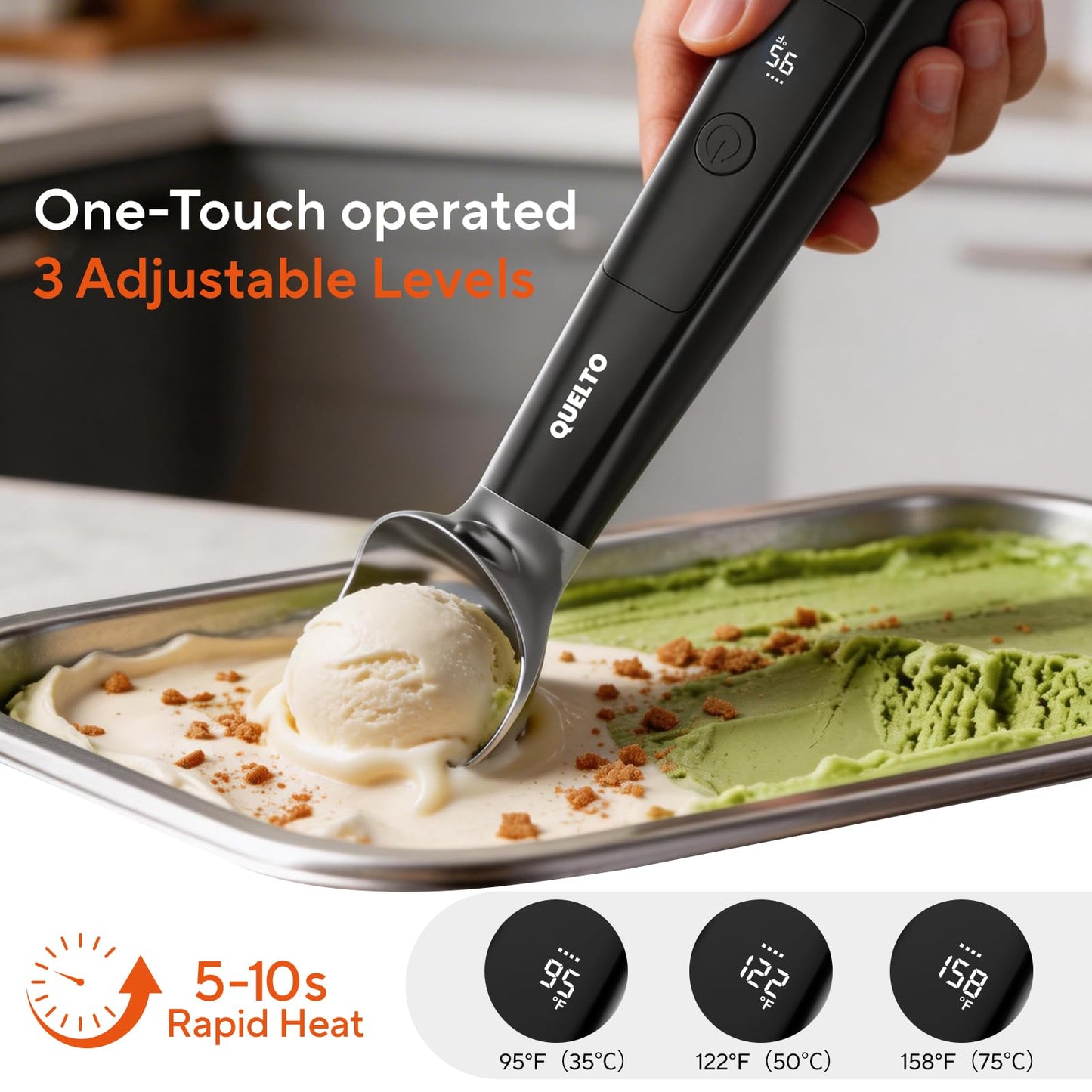 Heated Ice Cream Scoop with LED Display — Rechargeable Electric Ice Cream Scoop with Comfortable Handle, 3 Modes, IPX7, Non-Stick Stainless Steel for Hardened Ice Cream, Sorbet, Gelato, & Cookie Dough