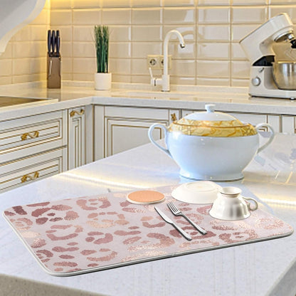 OREZI Absorbent Dish Drying Mat, Rose Golden Leopard Print, 16 x 18 Inches for Kitchen Counter