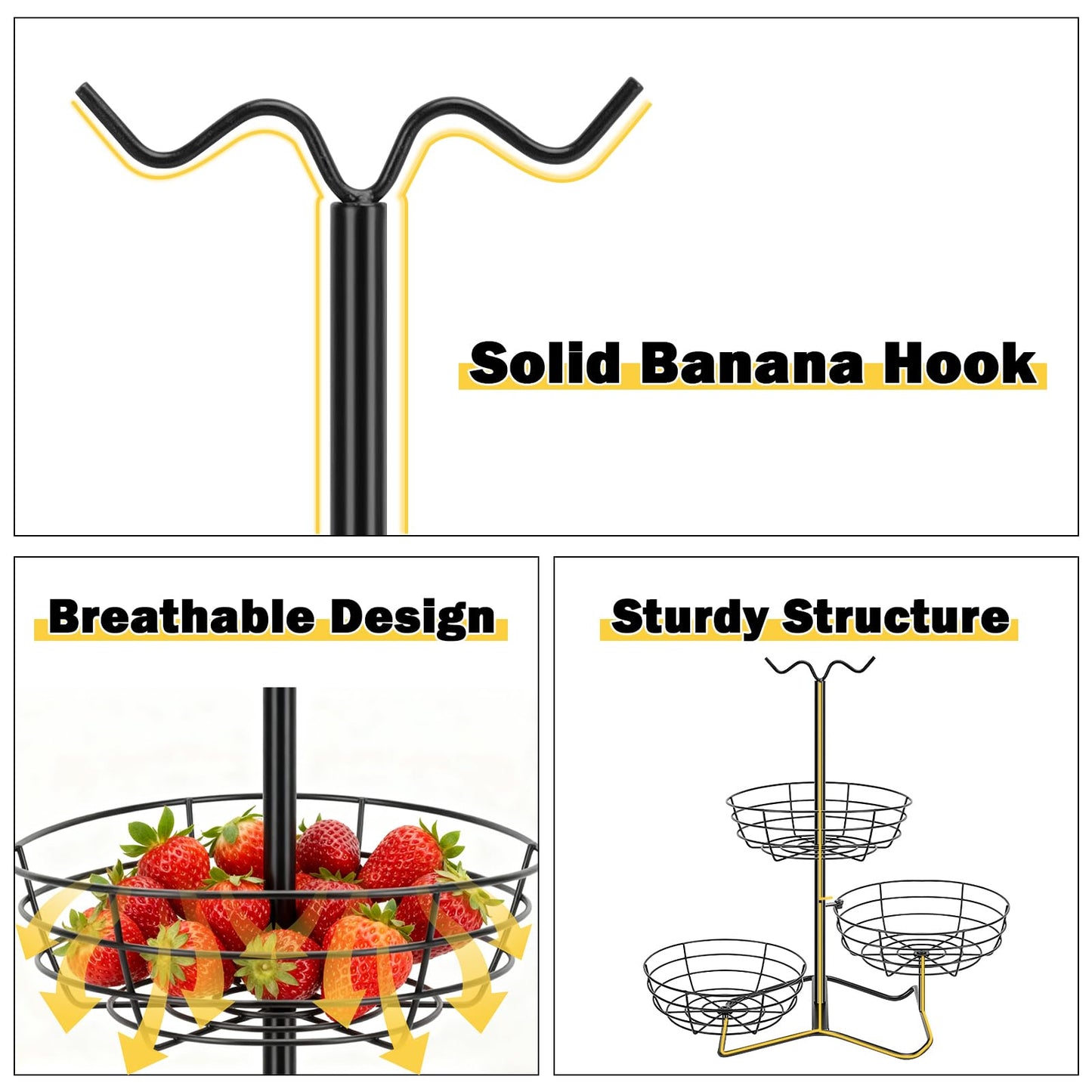 Winmien 3 Tier Fruit Basket Bowl with 2 Banana Hooks, Solid Metal Standing Vegetable Storage for Kitchen Counter, Large Capacity Organizer for Bread Snack Produce (Black)