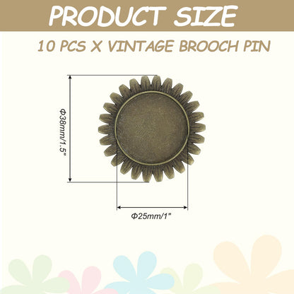 MECCANIXITY 10 Pcs Cabochon Brooch, 25mm Alloy Findings Trays Round Pins, Vintage Setting Brooch Pins for Diy Jewelry Making Pendants Photo Craft, Sunflower Style, Bronze