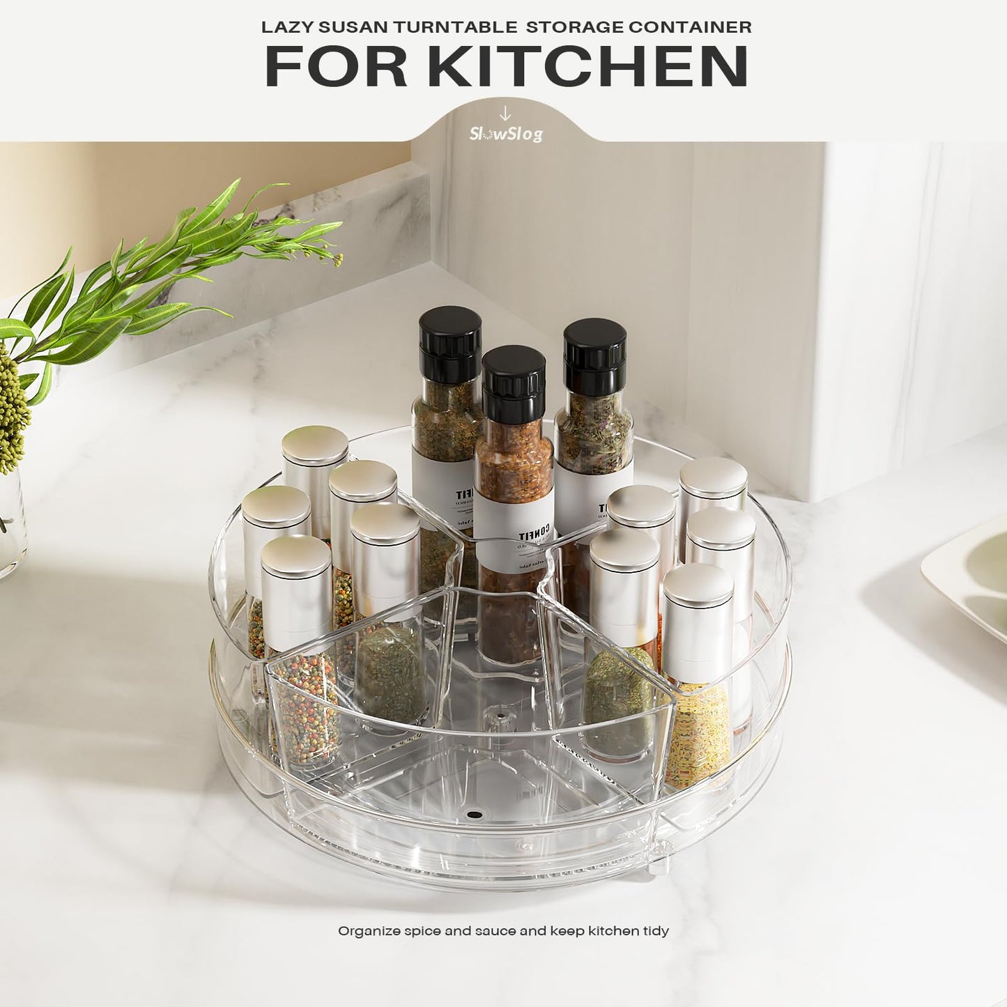 Slow Slog Lazy Susan Organizer, 9 inch Rotating Storage Organizer with 4 Removable-Bins,Turntable Organizer for Fridge, Kitchen, Vanity, Cabinet
