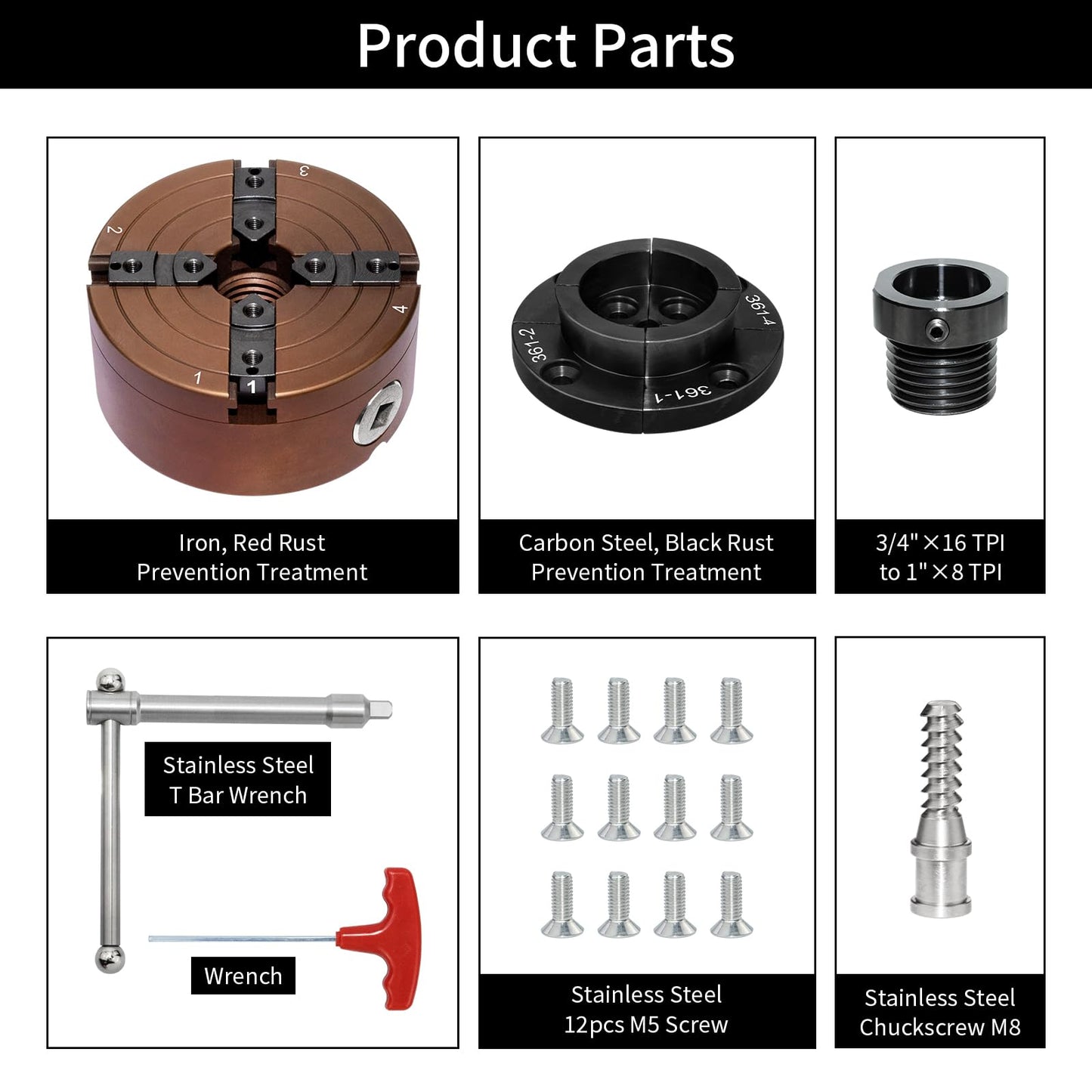 SIIIXS 4 Inch Wood Lathe Chuck Set 1"X8TPI Thread & 3/4"X16TPI Adapter, Self-Centering 4 Jaw Wood Turning Chuck