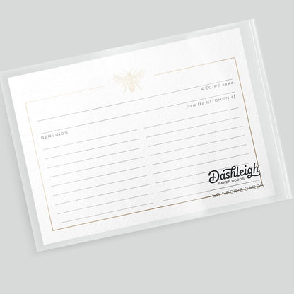 50 Gold Foil Bee Recipe Cards from Dashleigh, Double-Sided, 4x6 inches for Cooking and Baking