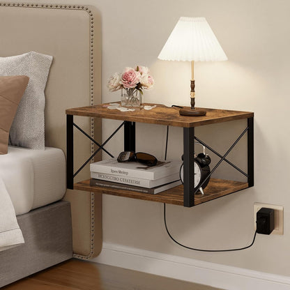 2 Homode Floating Nightstand, Wood Floating Bedside Table with Cable Hole, Tier Wall Mounted Nightstand, Hanging Night