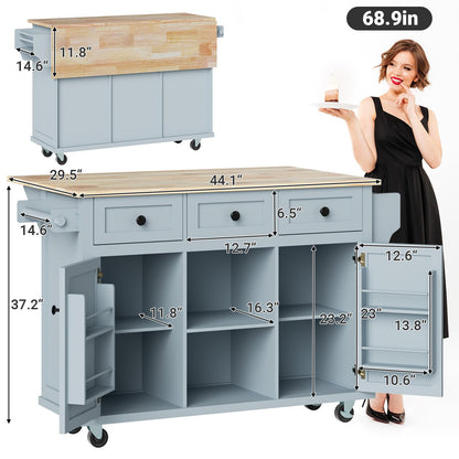 Rovibek Kitchen Island with Drawers 53 in Rolling Island Cart Mobile Portable Islands on Wheels Solid Wood Island with Storage Cabinet & Drawers, Blue