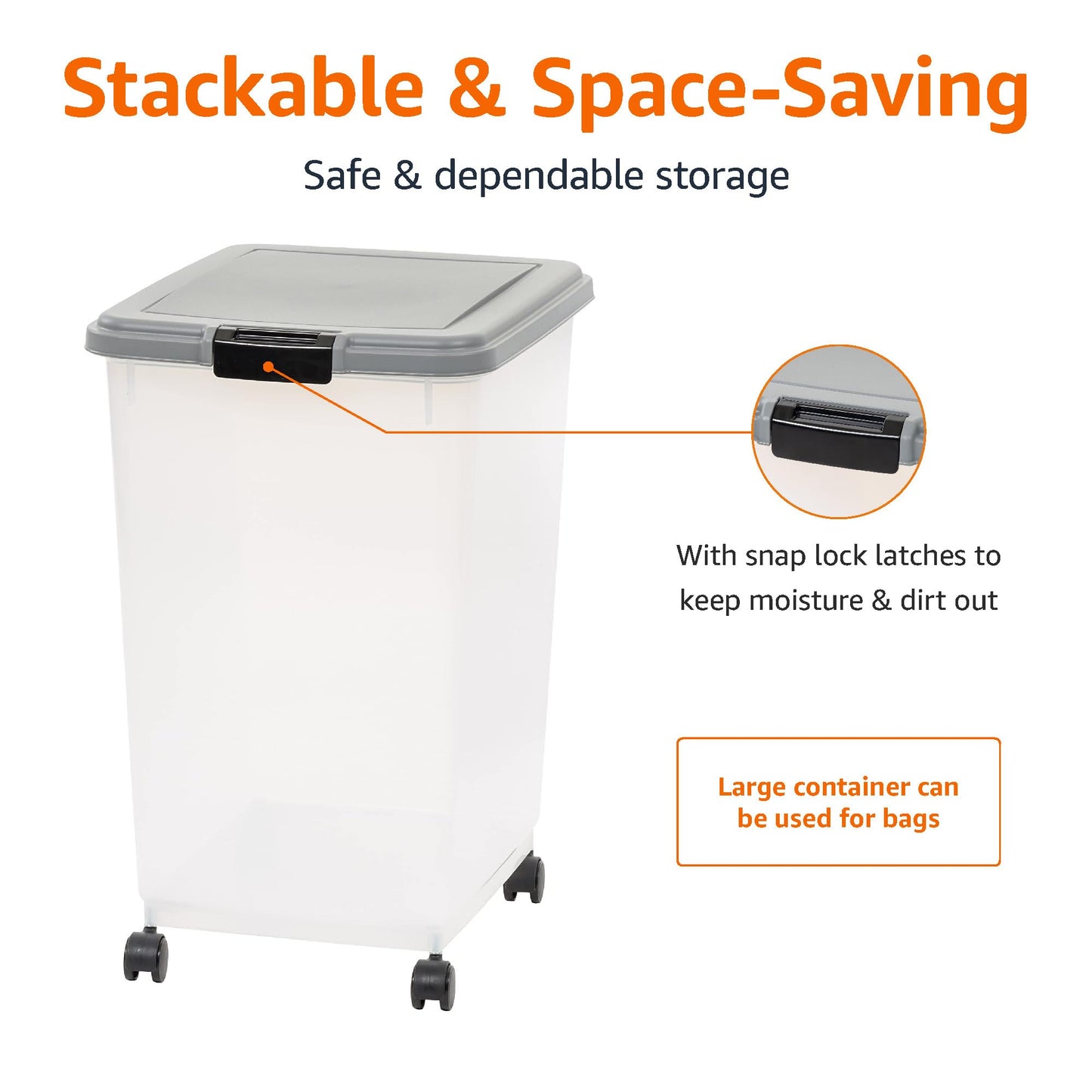 Amazon Basics Airtight Pet Food Storage Container with Scoop, BPA Free, Removable Wheels, 69 QT, Gray
