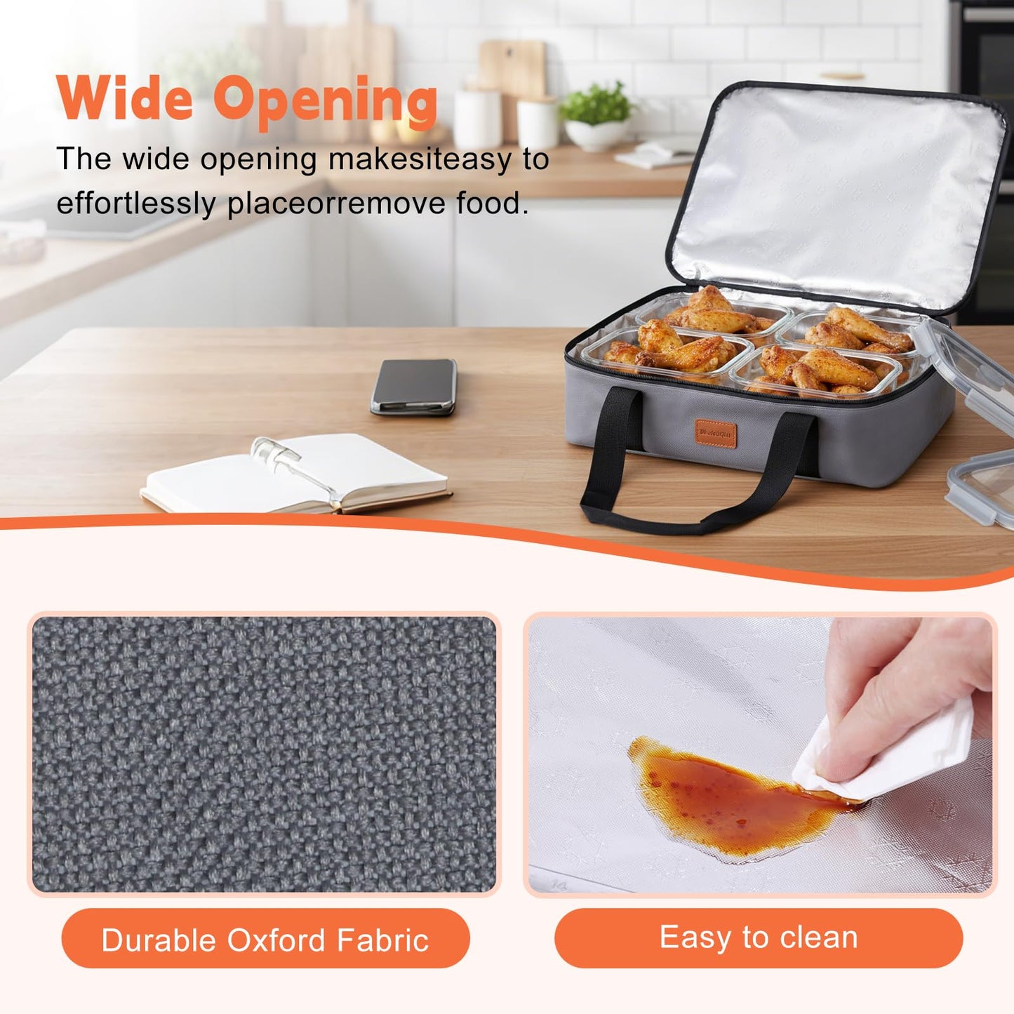 BlissfulSGDM Insulated Casserole Carrier, Leakproof Food Carriers for Hot or Cold food, Portable Thermal Bag for Travel/Potluck Parties/Picnic/Cookouts (Grey)