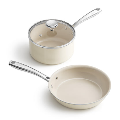 Redchef Sauce Pan & Frying Pan Set, 8" Ceramic Nonstick Fryingpan & 2.5Qt Saucepan with Lid, Mini Cookware Set, Induction Compatible, Nontoxic PTFE PFOA Free, Oven & Dishwasher Safe, Beige