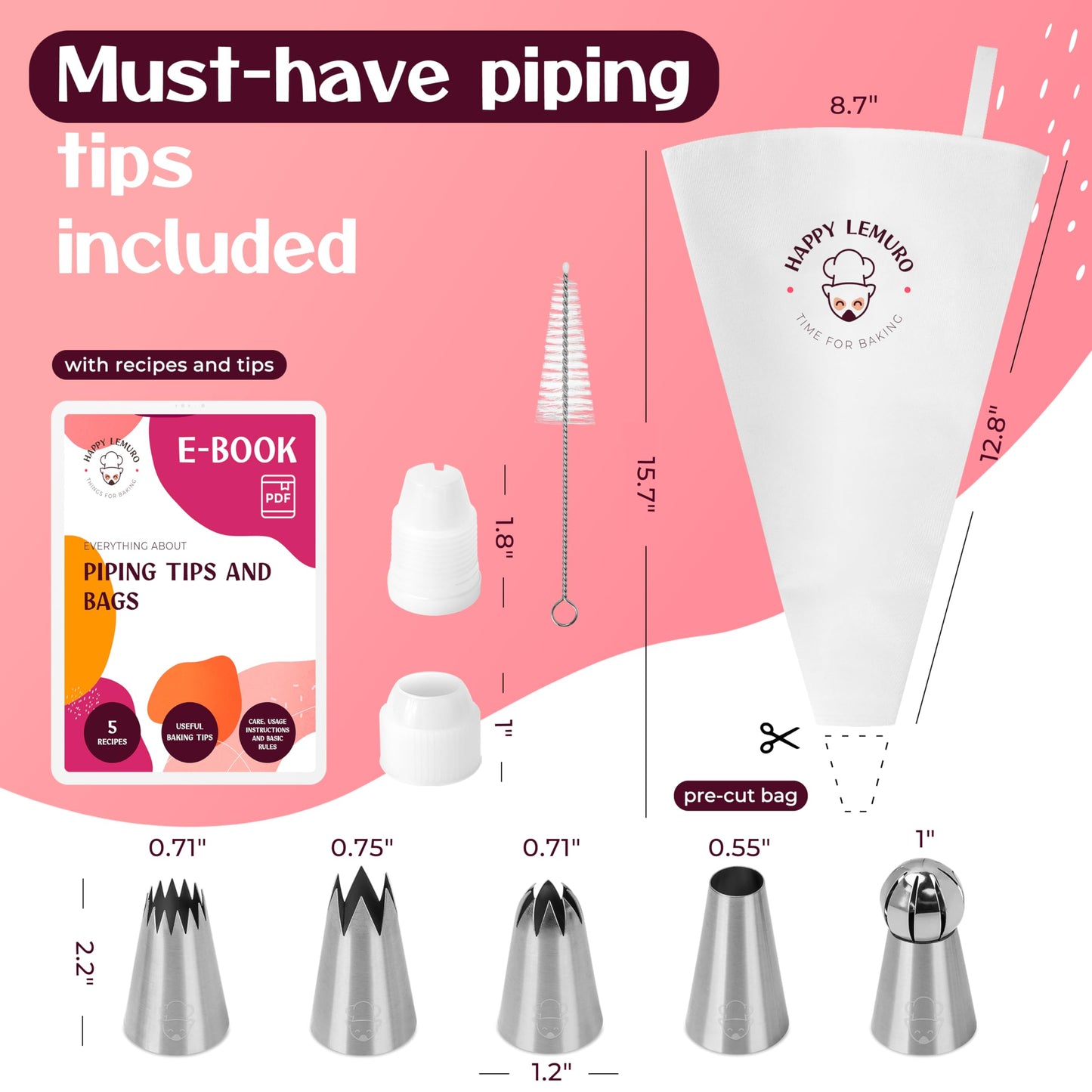 Large Piping Bags and Tips Set - XL Icing Tips - Large Piping Tips Set with Reusable Piping Bag (16 inch) - Decorating Tips for Cupcakes, Cakes, Cookies, Churros, Meringue, etc.