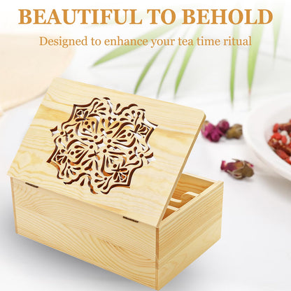 WRINGKIT Tea Bag Organizer Box, Wooden Tea Bag Chest Holder Container with 9 Compartment Floral Carved Lid, Multi-Functional Decorative Box for Storage Sugar Packet, Sweets, Christmas Gift