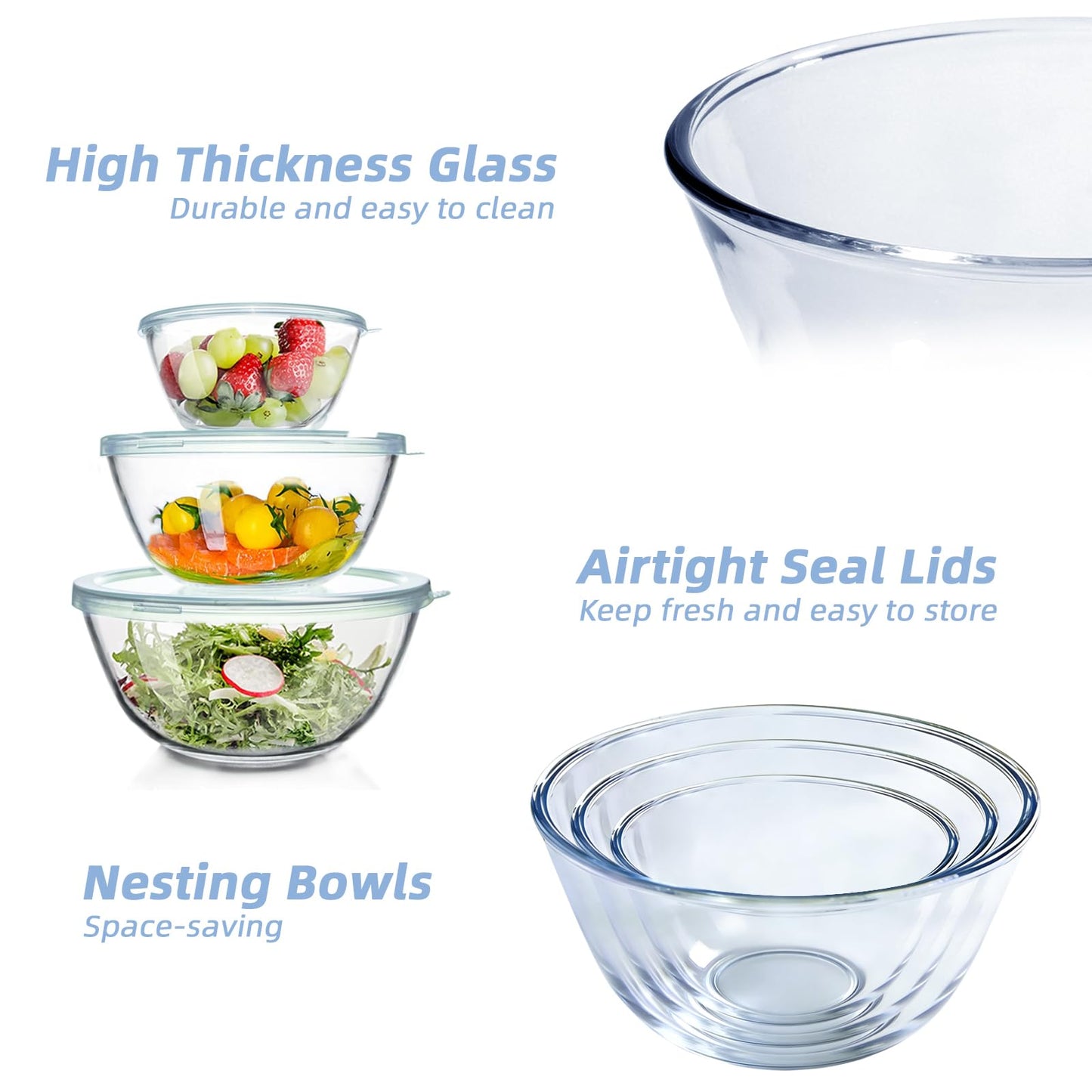 WhiteRhino Glass Mixing Bowls Glass Bowls with Lids Set(4.5QT,2.7QT, 1.1QT),Large Salad Bowls,glass mixing bowl Space-Saving Nesting Storage bowls for Cooking,Baking,Prepping,Dishwasher Safe