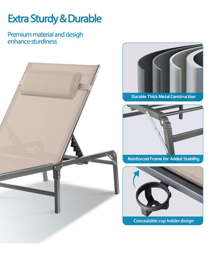 2 Pack Foldable Chaise Lounge Chair with Cup Holder, Assemble-Free Outdoor Lounge Chair with Detachable Pillow and 6 Adjustable Backrest, Patio Lounge Chair for Outside Poolside Beach Pool, Khaki