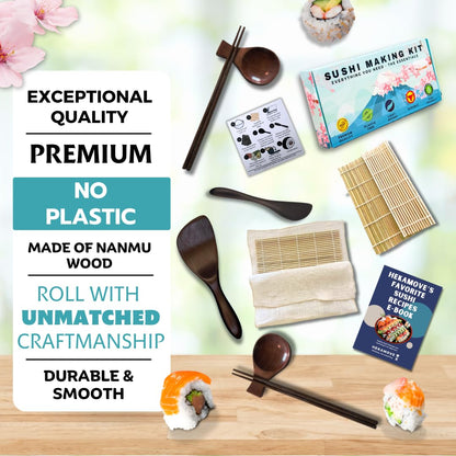 HEKAMOVE No Plastic Premium Sushi Making Kit for Home, for Beginners or Pro Sushi makers. Made of Premium Wood, includes Tea Cloth, Planet-Friendly - the Best Gift and DIY Home Sushi Kit Experience