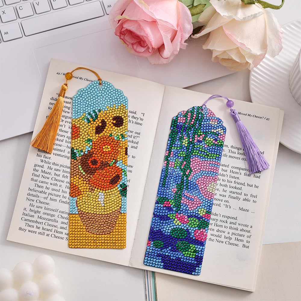 icceemee 4 pcs Oil Painting Themes Diamond Painting Bookmarks, DIY Diamond Art Kits for Adults, Book Corner - Protecting Bookmark Craft Supplies Kits for Book Lovers