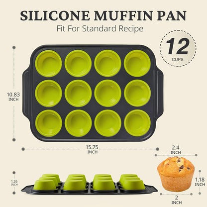 BRONYPRO Silicone Muffin Pans - Nonstick Baking Molds with Metal Frame | 12 Regular Size, Lime Green