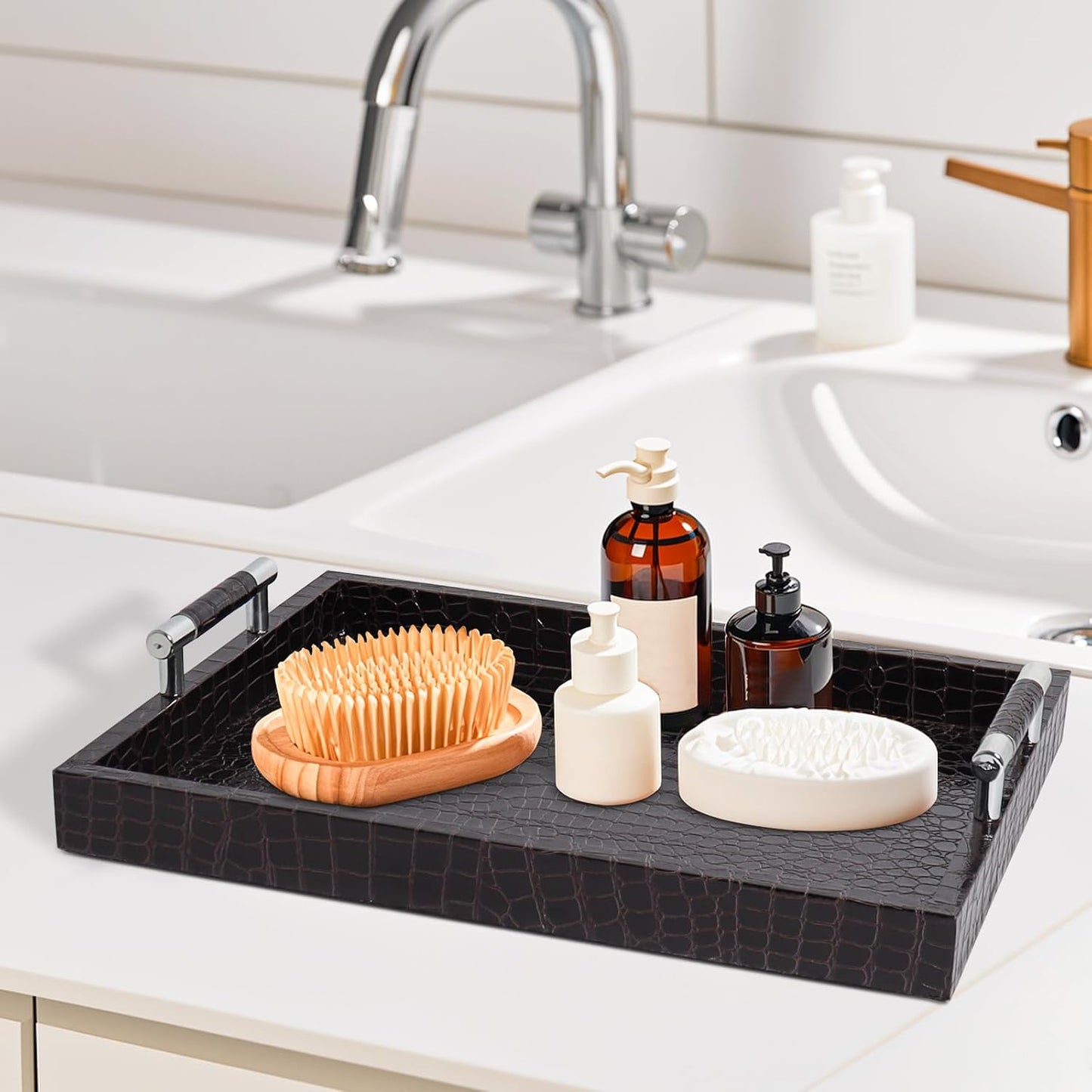 16x12inches SXNOWS Faux Leather Rectangle Serving Tray with Handles, Large Decorative Tray for Ottoman Coffee Table