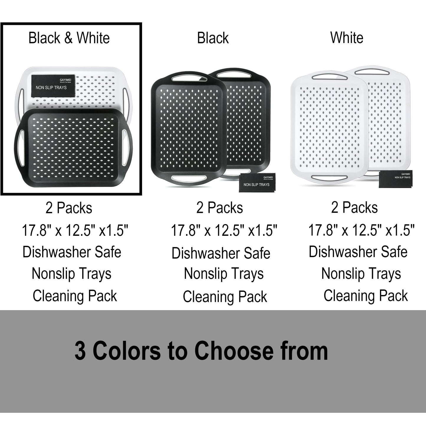 Large Anti-Slip Serving Tray with Handles, Dual Rubber Grippy Lap Food Trays for Eating, Dinning, Breakfast, on Couch/TV, Black & White - Set of 2